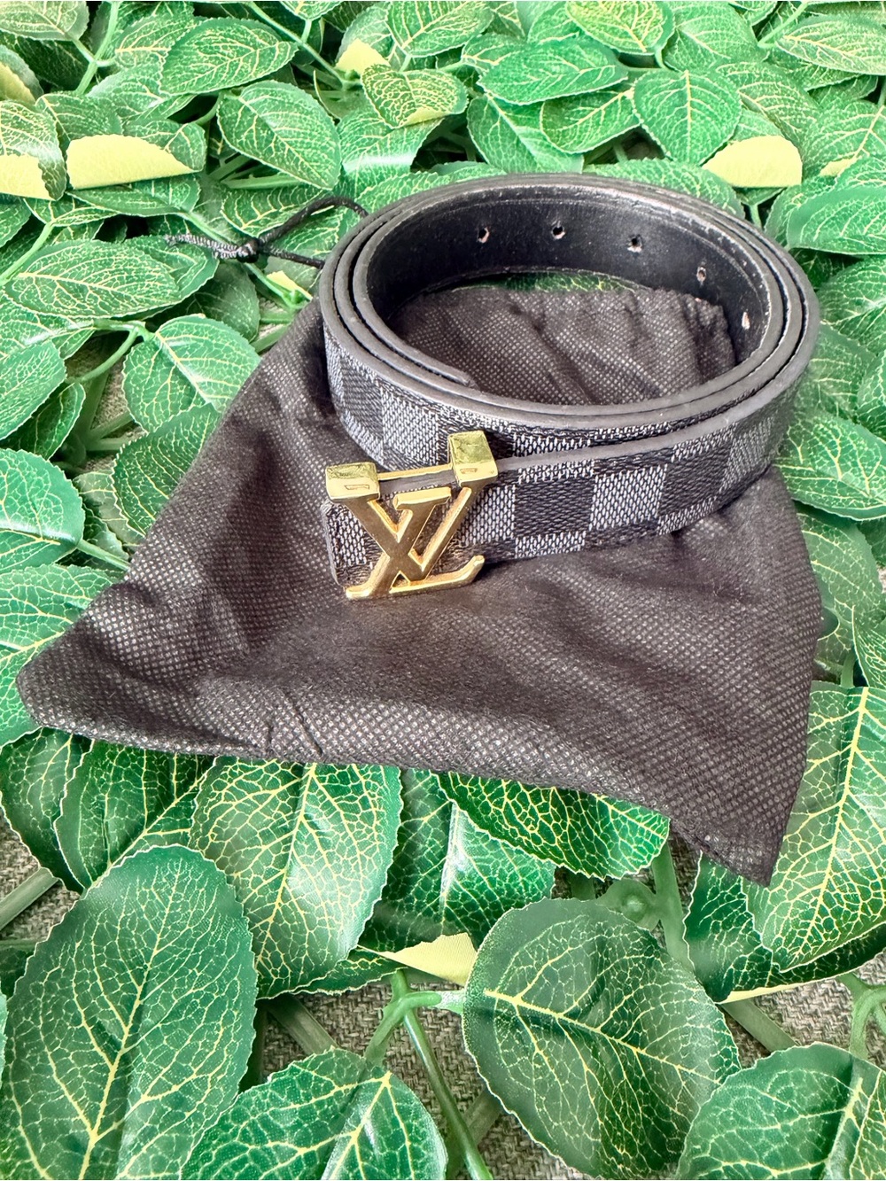 Beautiful Gray Black Damier Ebene Canvas Belt with Gold LV Buckle - Picture 2 of 3